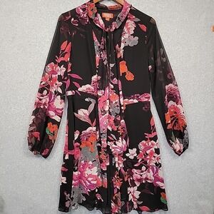 Kirna Zabete x Target Black Pink Pleated Floral Chiffon Dress Tie Neck Sz L